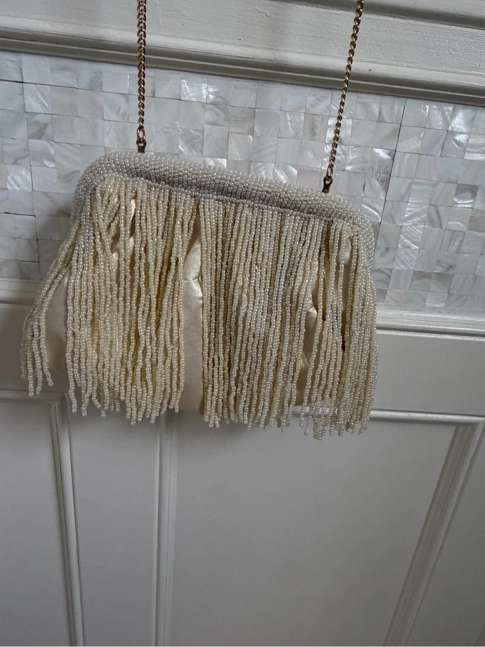 NWOT new beaded long Fringe clutch crossbody bag chain white cream wedding